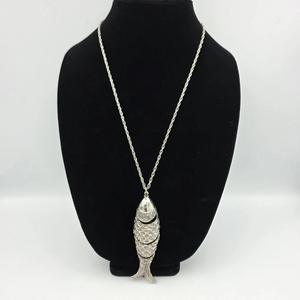 Vintage Silver Tone Cloisonne Enamel Koi Fish Pendant Articulating 3.5